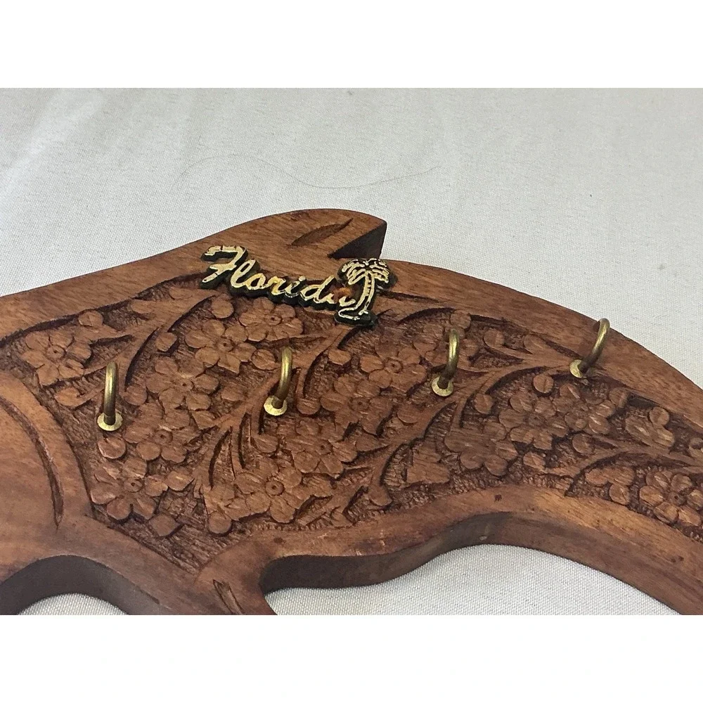 Vintage Florida Souvenir Hand Carved Wood Dolphin Key Rack Wall Mount 4 Hooks